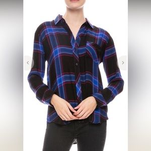 Rails Flannel Button Up Navy Cobalt Pink Long Sleeve High Low Hem Shirt S